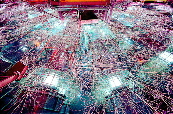 Electrical discharges (Lichtenberg figures) illuminate the surface of the Z machine at Sandia labs.