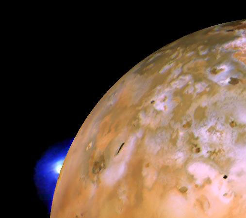 This Voyager 1 image of Io shows the active ‘volcanic’ plume of Loki on the limb.
