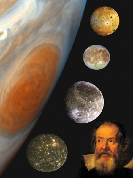 Galileo and the four large moons of Jupiter, which he discovered with his telescope.